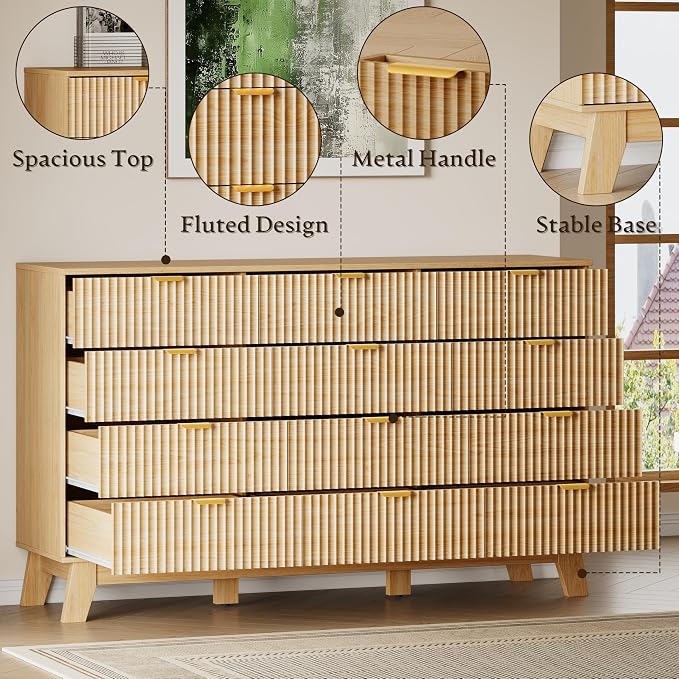 BORNOON 57" Wide Dresser for Bedroom, 12-Drawer Fluted Dresser - Image 4