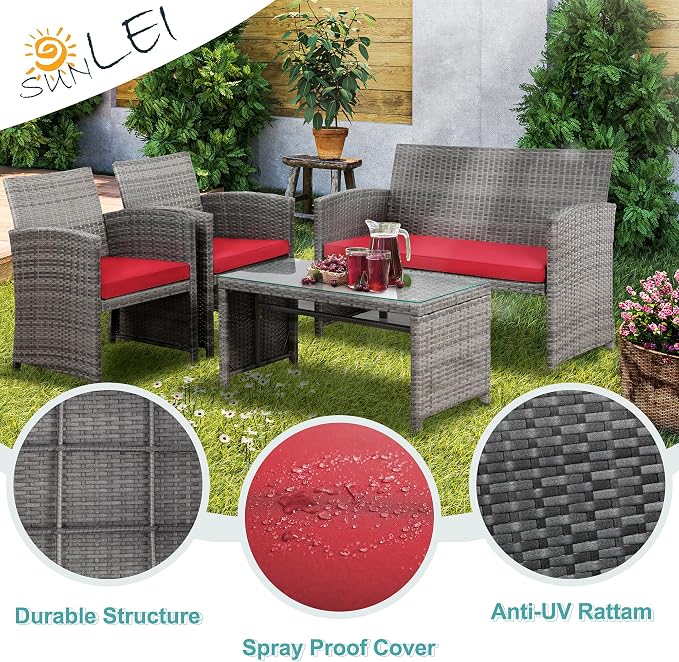 SUNLEI 4 Pcs Outdoor Patio Furniture Sets, Rattan Chair Wicker Conversation Set - Image 7