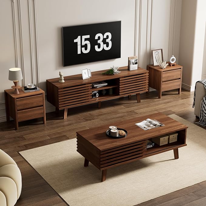 Furniway Mid Century Living Room Table Set of 4, Coffee Table, TV Stand and 2 by Furniway