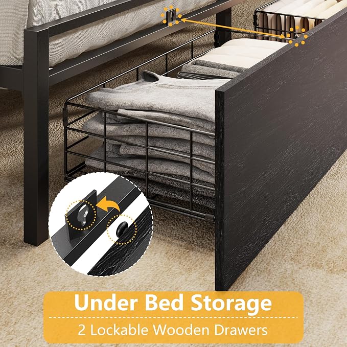 Furnulem King Bed Frame with Wood Headboard & Storage Drawers, Metal Platform - Image 4