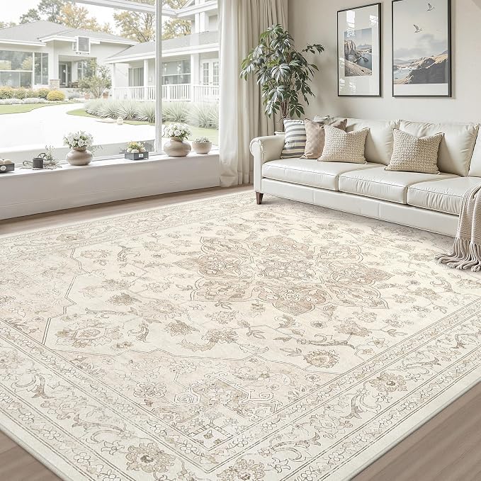 8x10 Area Rugs for Living Room: Vintage Boho Neutral Washable Rug Indoor Soft - Image 9