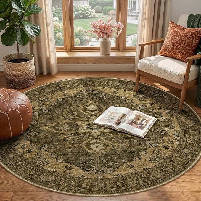 RELEANY Area Rugs Round 4ft Washable Non-Slip, Floral Vintage Distress Print - Image 2