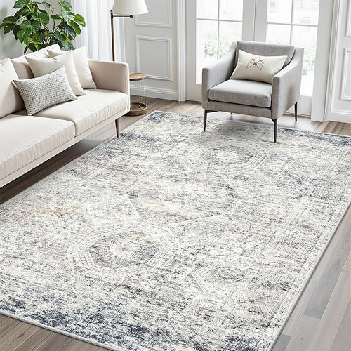 5x7 Area Rugs Blue Ivory Low Pile Indoor Washable Trendy Faded Style Rugs - Image 2
