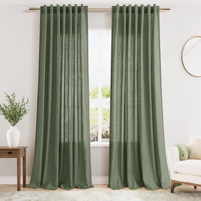 Olive Green Linen Curtains 120 Inch Extra Long by Nanspring