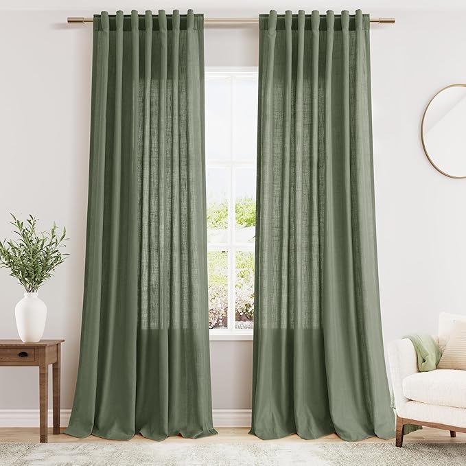 Extended Curtain Olive Green Linen Sheer Curtains by Nanspring