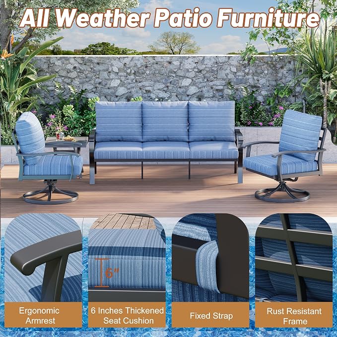 HOMREST Patio Furniture Sets 4 PCS Outdoor Metal Conversation Sets, 360 Degree - Image 5
