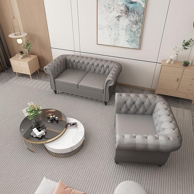 ORRD 2 Piece Living Room Set, Chesterfield Leather Sofa Couch Chair - Image 8