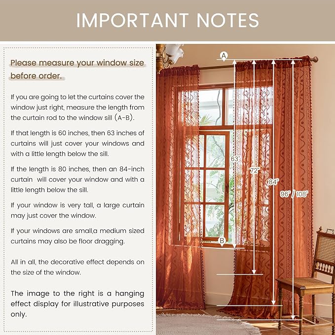 WAZZIO Boho Lace Curtains 96 Inch 2 Panels-Vintage Sheer Panel Drape Floral - Image 9