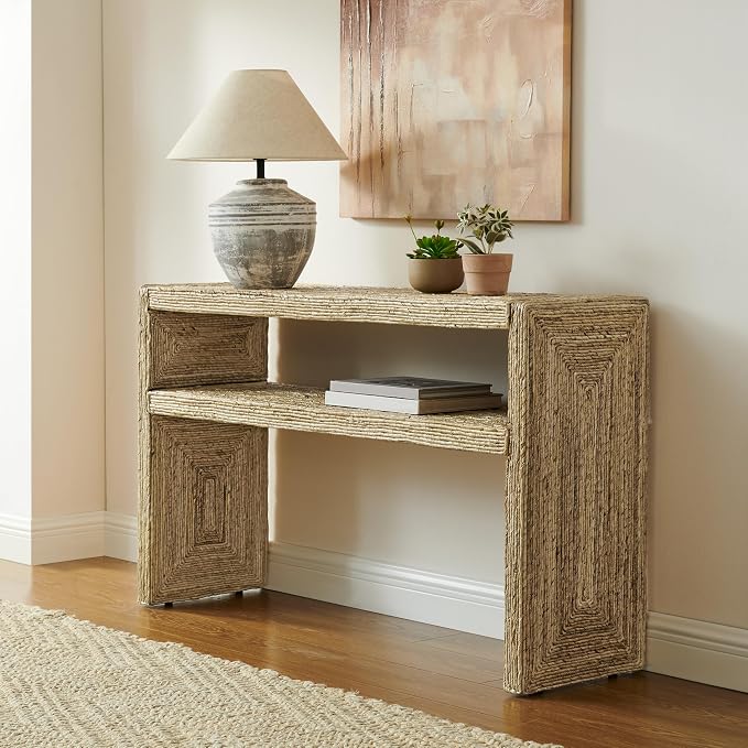 Crosley Furniture Marella Handwoven Banana Leaf Console Table, Rattan Sofa - Image 2