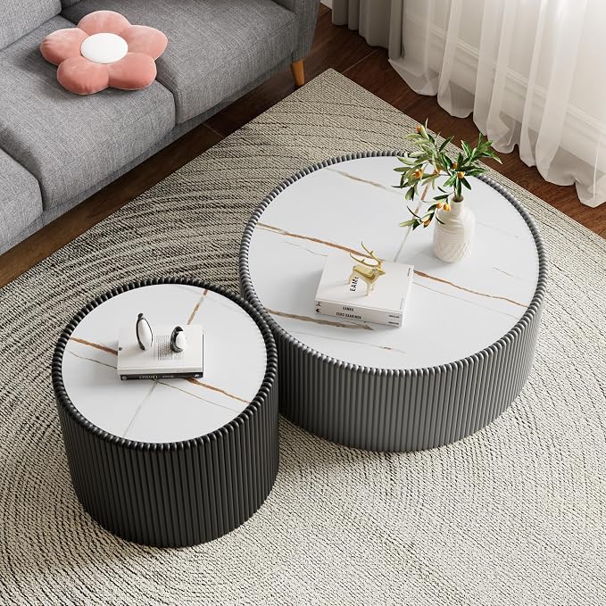 SSLine Round Drum Coffee Table Set of 2 Modern Sintered Stone Top Nesting - Image 3