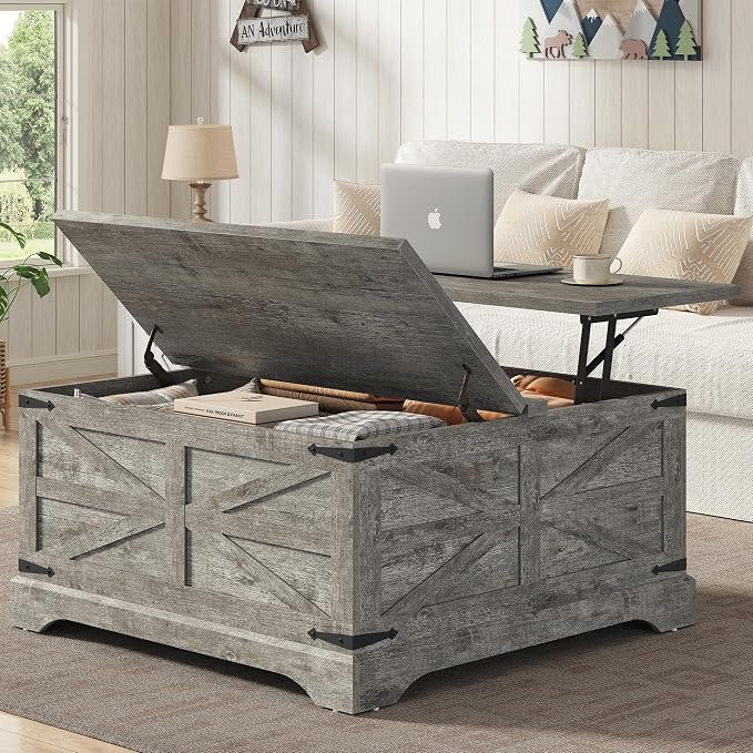 Furnideco 35.5''W Square Coffee Table Farmhouse Lift top Coffee Table - Image 3