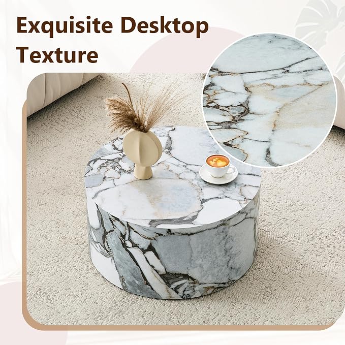 Round Coffee Table, 23.6" Modern Faux Marble Drum Coffee Table, Round Accent - Image 5