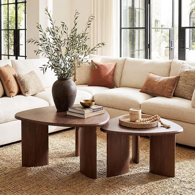 Honyee Nesting Coffee Table Set of 2, Modern Walnut Wood Veneer Coffee Table by Honyee