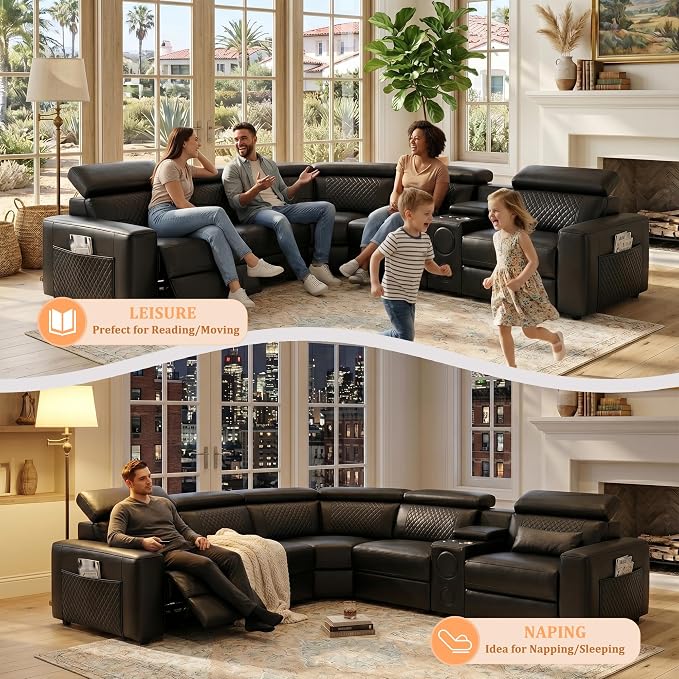 Power Recliner Sectional Sofa, L-Shaped Living Room Furniture Set, Reclining - Image 8