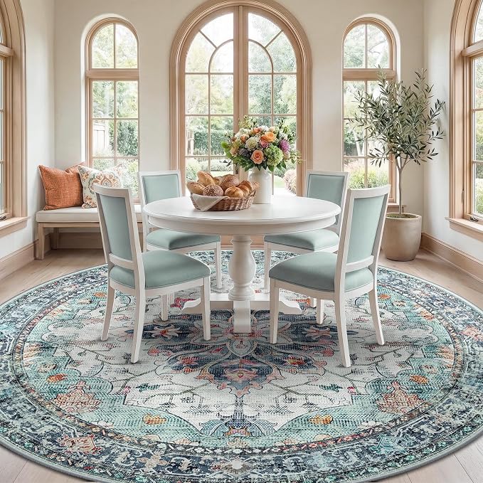 RELEANY Area Rugs Round 10ft Washable Non-Slip, Floral Vintage Distress Print - Image 3