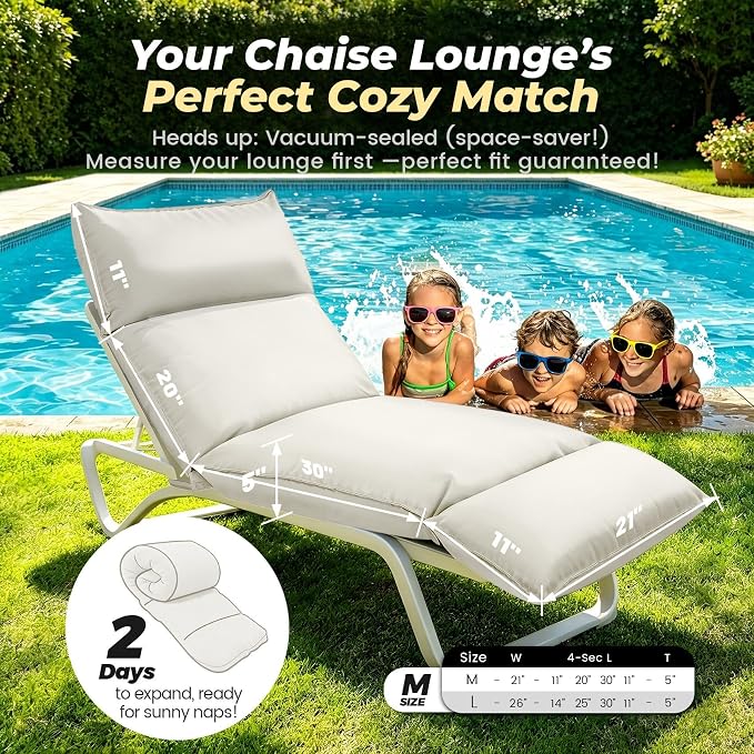 Outdoor Chaise Lounge Chair Cushion, Waterproof Non-Slip Patio Chaise Lounge - Image 2
