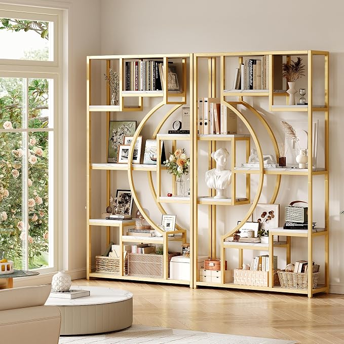 LGHM 79" W Luxury Marble-Patterned White Gold Bookshelf, Modern Geometric by WelcometoLGHMHome