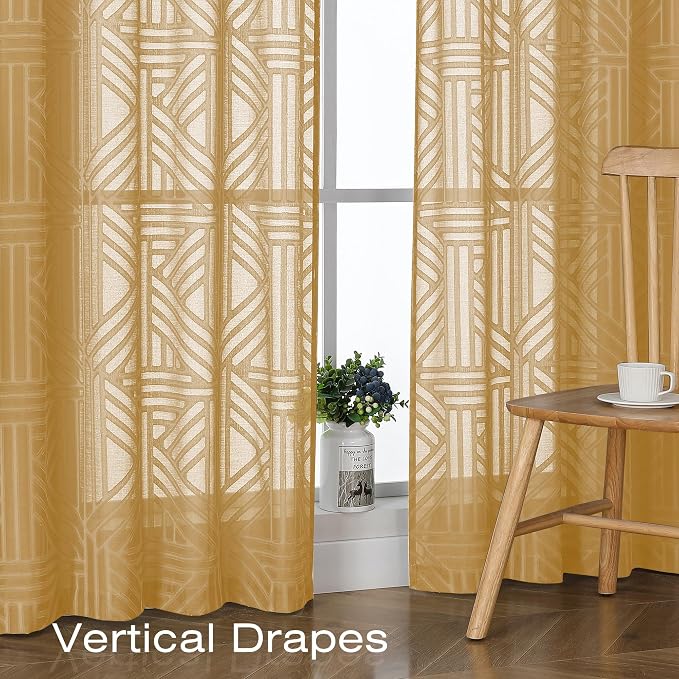 Simplebrand Gold Semi Sheer Curtains 54 Inch Length 2 Panels, Geometric - Image 5