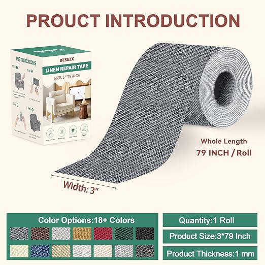 BESEZX Linen Fabric Repair Tape, 3x79 Inch Self Adhesive Repair Patches - Image 2