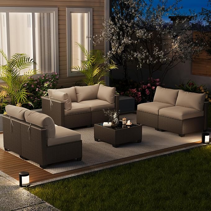 LOUVIXA 7 Piece Outdoor Patio Furniture Set, Outdoor Sectional Sofa, Wicker - Image 9