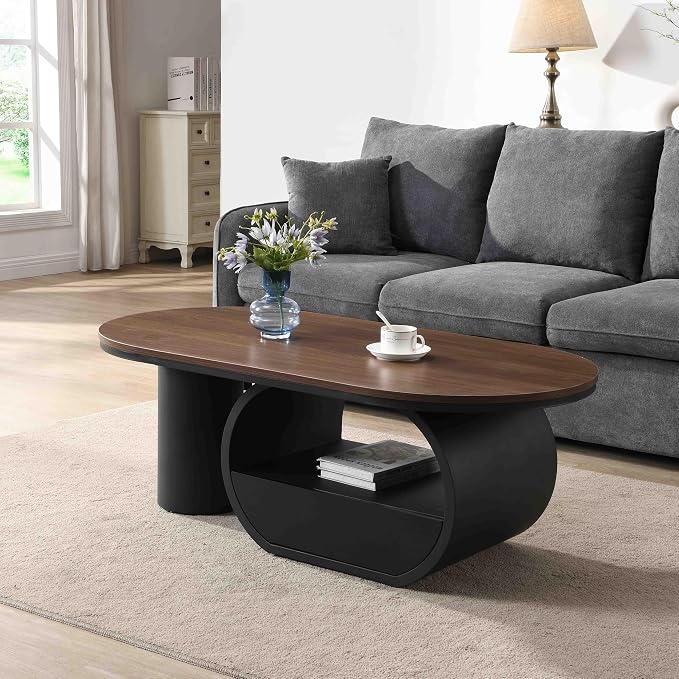 Modern Oval Coffee Table, 47.24" Brown Wood Top Coffee Table - Image 2