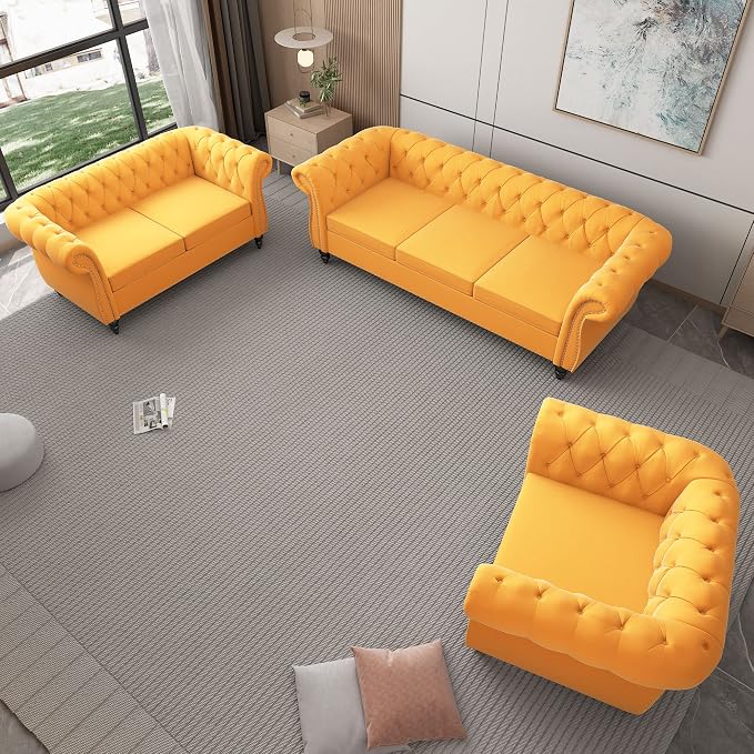 ORRD 3 Piece Living Room Set, Velvet Chesterfield Sofa Loveseat Couch Chair - Image 8