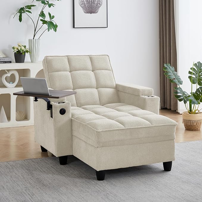 Oversized Recliner Chair with Swivel Tray Table, Modern Tufted Linen Fabric by Unknown