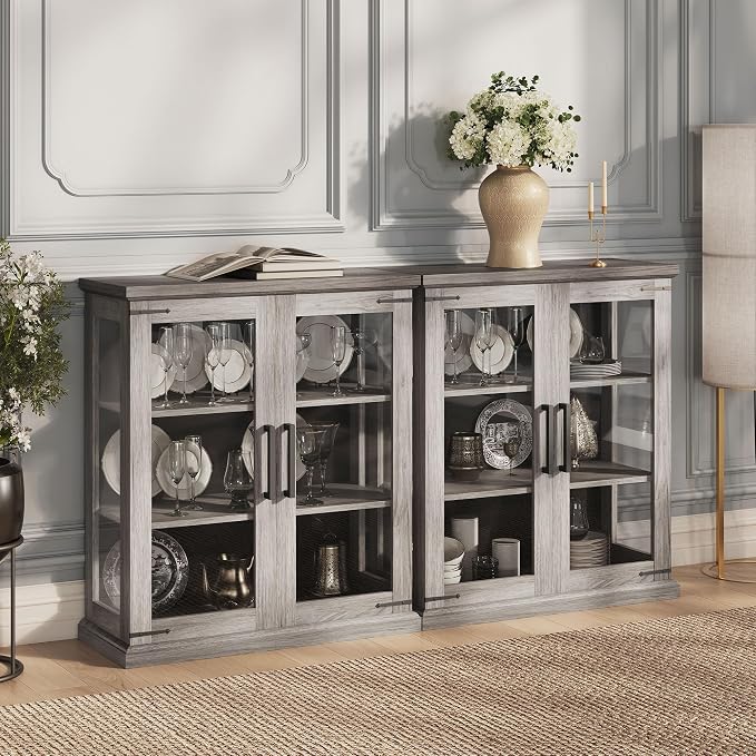 BELLEZE Set of 2 Glass Display Cabinet, Living Room, or Kitchen by BELLEZE