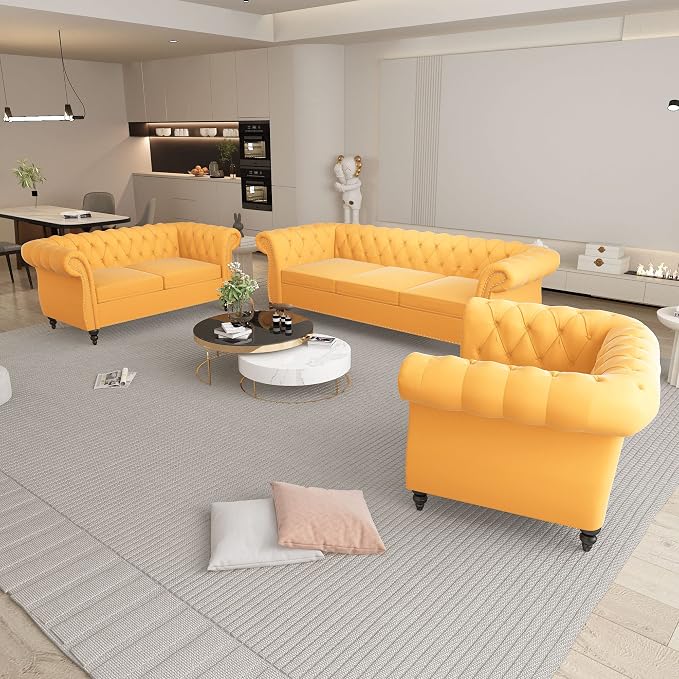 QHITTY 3 Piece Living Room Set, Sectional Chesterfield Sofa Chair Contemporary - Image 8
