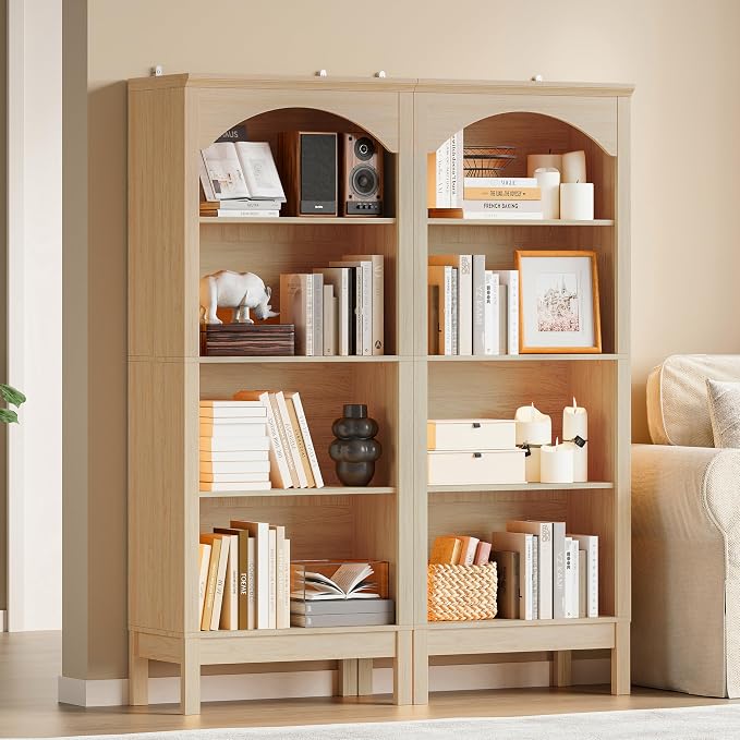 Arched Bookshelf with 4 Tier Open Shelves, Study and Living Room, Natural Oak - Image 3