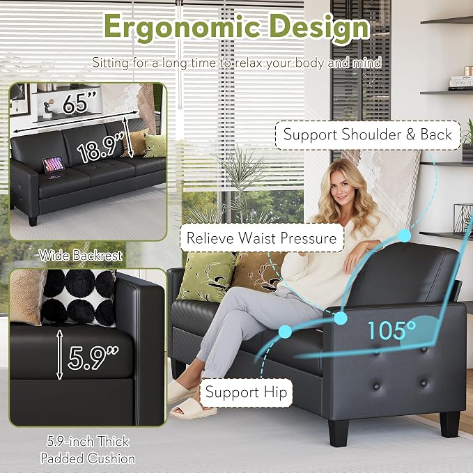 STHOUYN Black Faux Leather 3 Seater Sofa and Loveseat, Modern Comfy Office - Image 6
