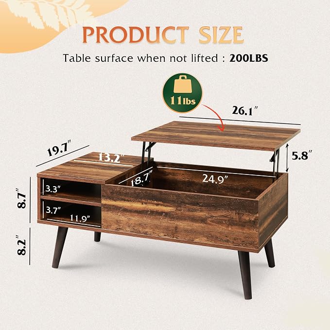 WLIVE Coffee Table with Lifting Top, Hidden Storage & Adjustable Shelf - Image 3