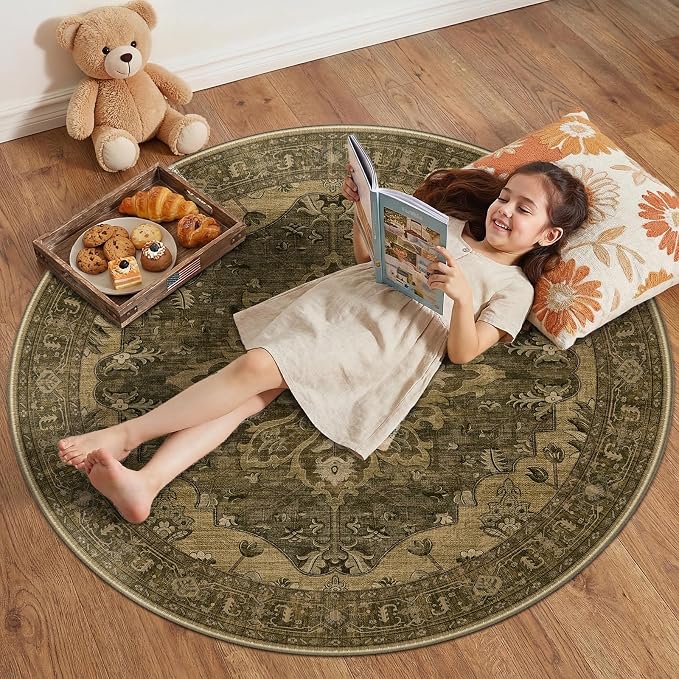 RELEANY Area Rugs Round 4ft Washable Non-Slip, Floral Vintage Distress Print by RELEANY