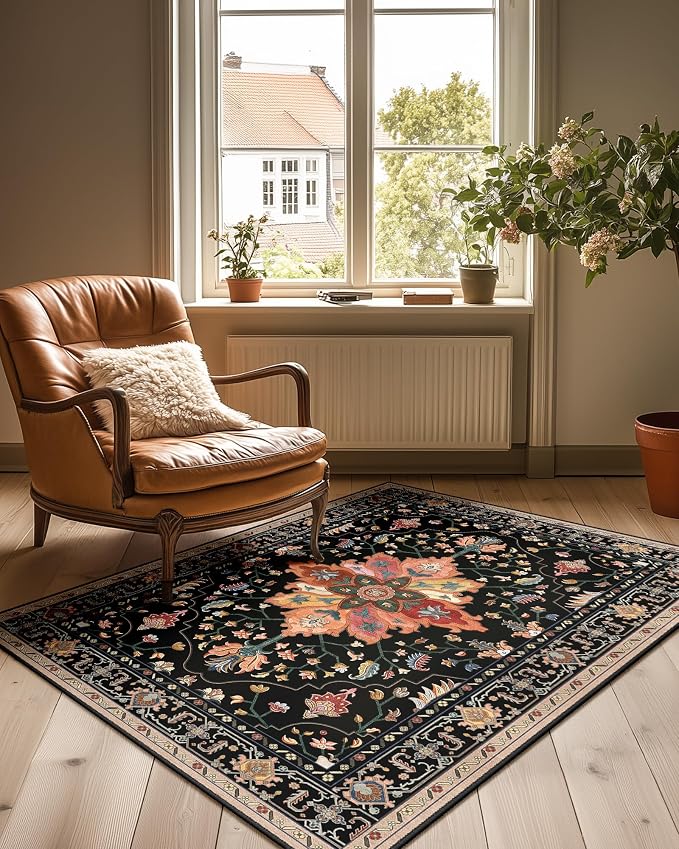 RELEANY Area Rugs 3'x4' Washable Non-Slip, Floral Vintage Distress Print by RELEANY