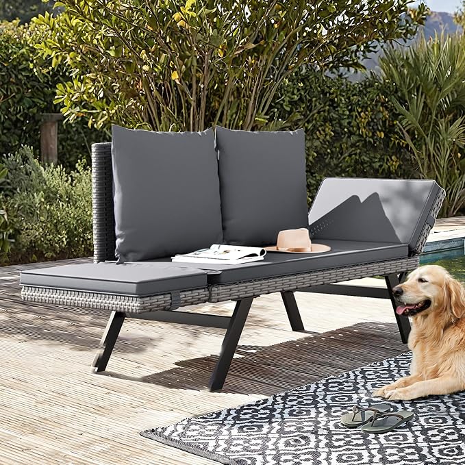 Flamaker Outdoor Convertible Sofa, Woven Rattan Patio Furniture Sunbed - Image 2