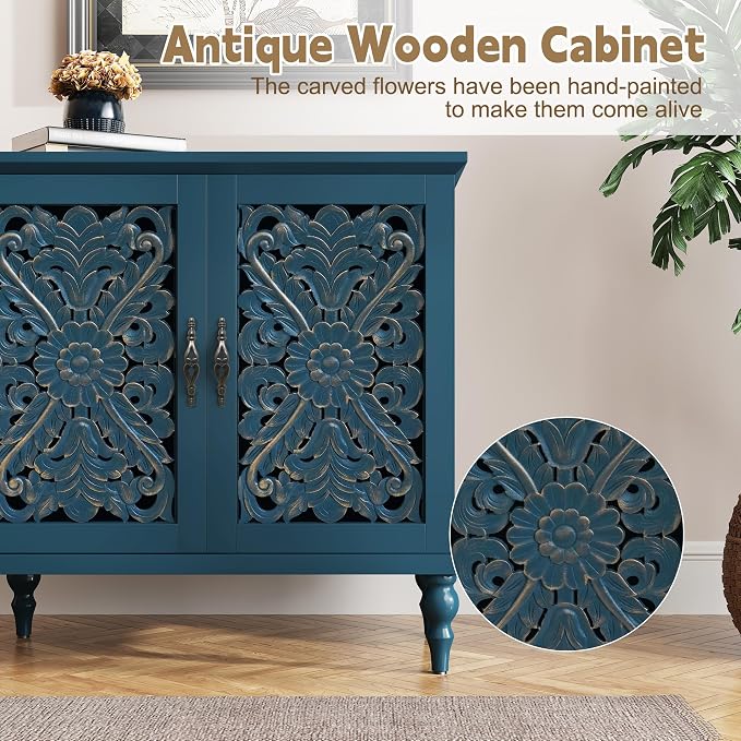 ARTPOWER Accent Cabinet with 2 Doors, Vintage Carved Wood Storage Cabinet - Image 8