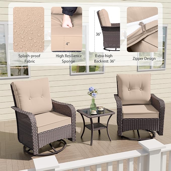 ALAULM 3 Piece Wicker Patio Chairs Outdoor Swivel Rocker Chairs - Image 4
