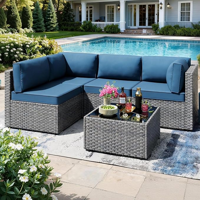 SUNLEI 5 Piece Patio Furniture Sets, Low Back All-Weather Rattan Sectional Sofa by SUNLEI