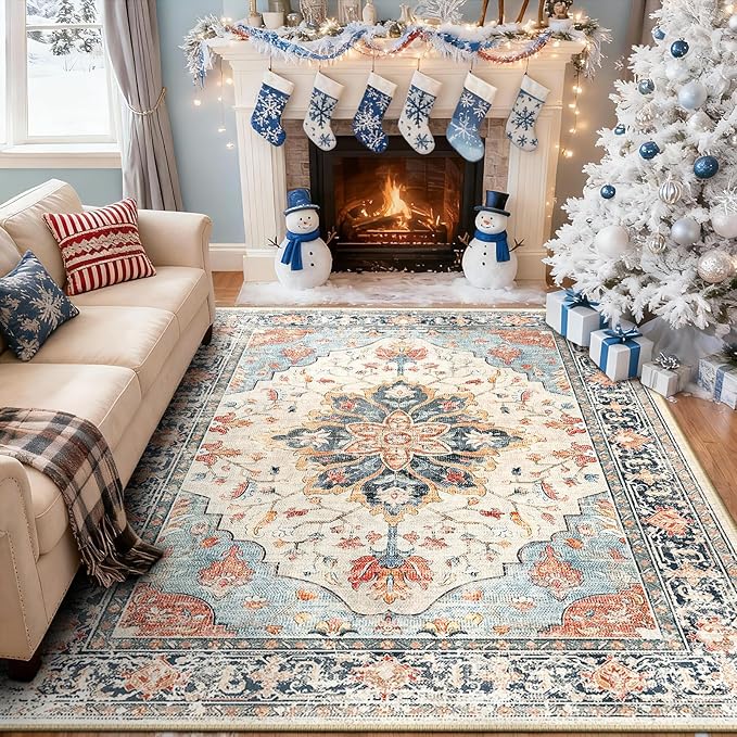 Area Rugs 7'x9' Washable Non-Slip, Floral Vintage Distress Print Pattern - Image 2