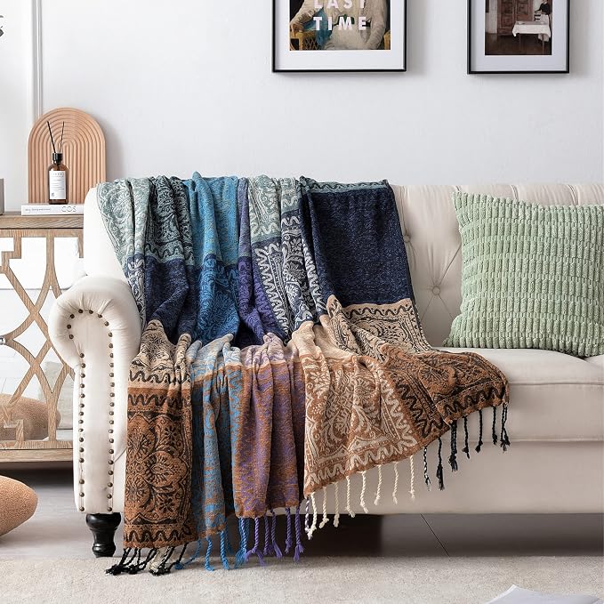 Boho Chair Cover Colorful Chenille Tassels Hippie Throw Blanket - Image 2