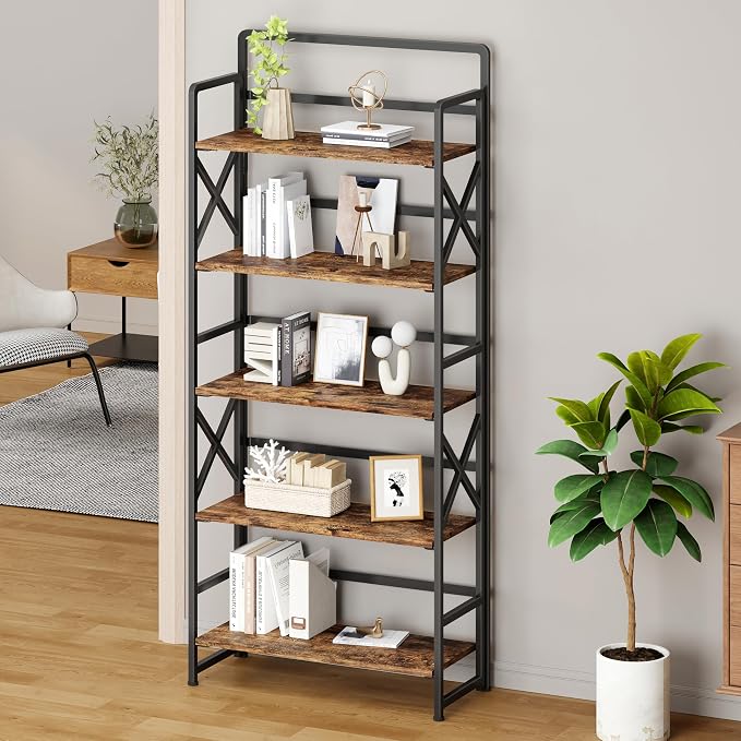 No Assembly Folding Bookshelf, 5 Tiers Vintage Wood Collapsible Book Shelf - Image 2