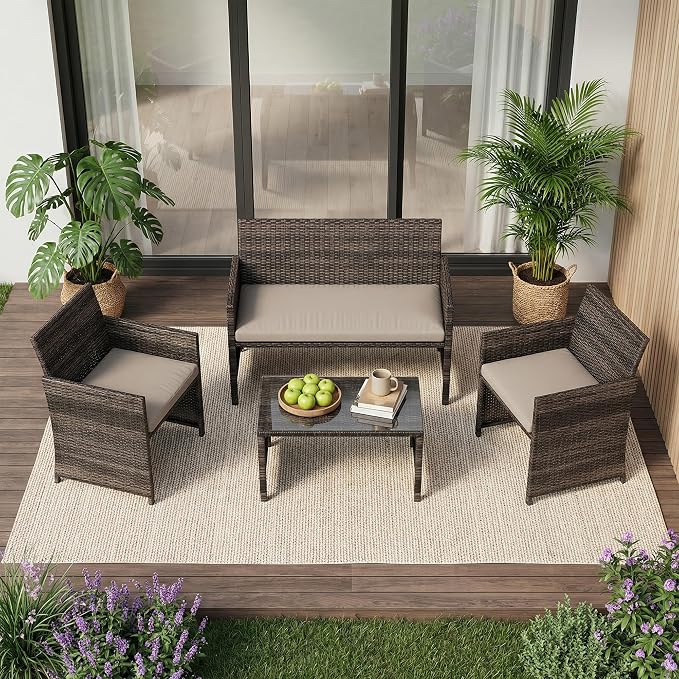 Garvee 4-Piece Patio Furniture Set, PE Rattan Outdoor Conversation Set by Garvee