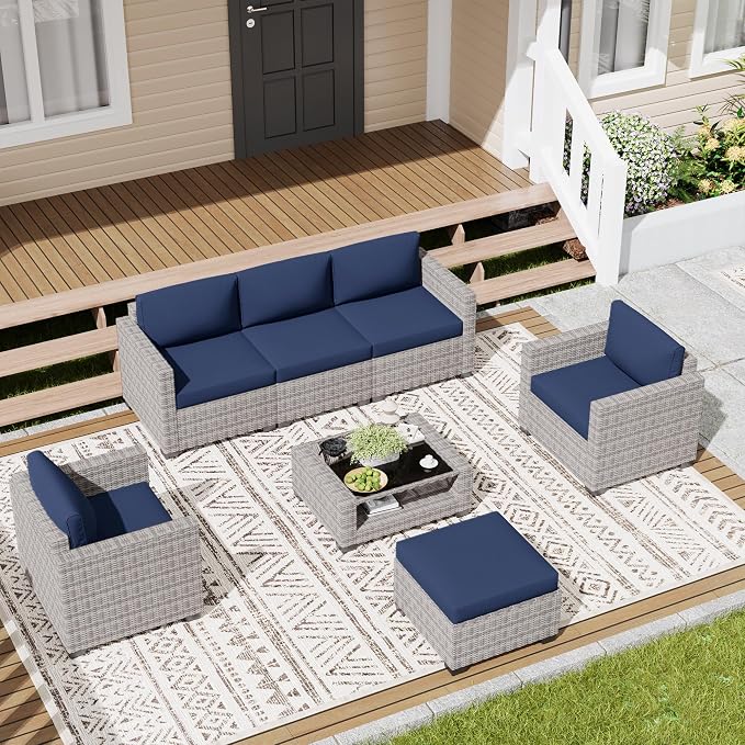 LOUVIXA 7 Piece Outdoor Patio Furniture Set, Rattan Chairs Glass Table Wicker - Image 3