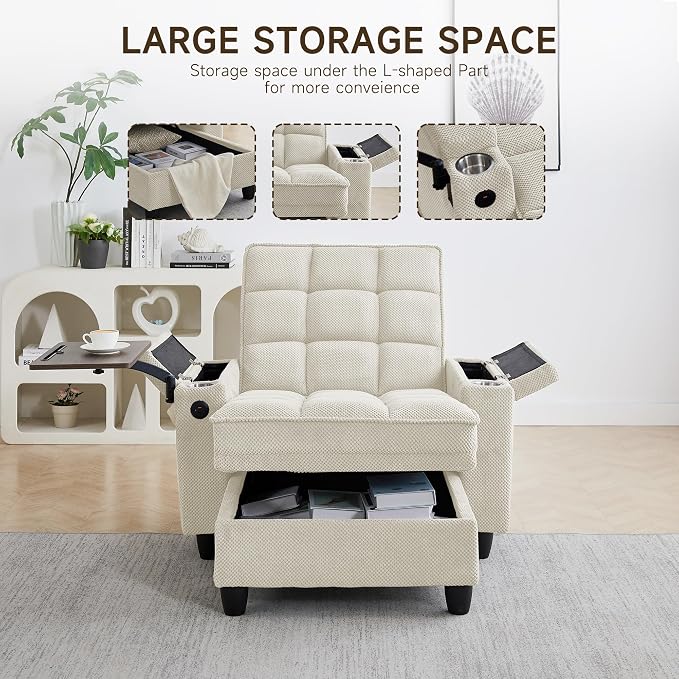 Oversized Recliner Chair with Swivel Tray Table, Modern Tufted Linen Fabric - Image 5