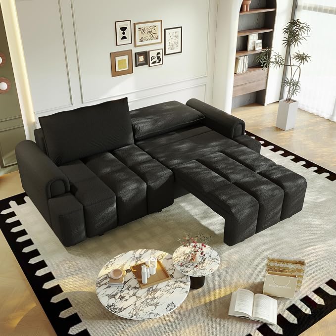 KEIKI 90.2" Modern 3-in-1 Sleeper Sofa Bed – Teddy Fabric 4-Seater Couch - Image 4