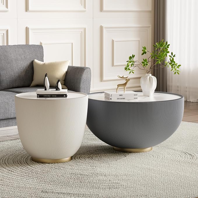 Round Marble Coffee Table 27.56" Bucket Shaped Fluted Coffee Table - Image 6