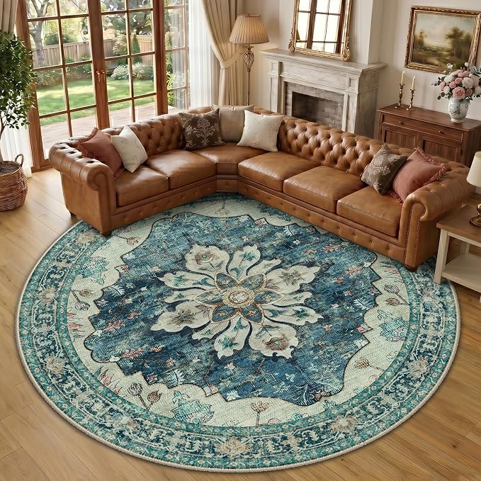 RELEANY Area Rugs Round 10ft Washable Non-Slip, Floral Vintage Distress Print by RELEANY