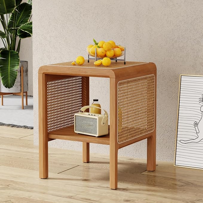 Aklaus Rattan Side Table Small End Table mid Century Living Room Wood Vintage - Image 4