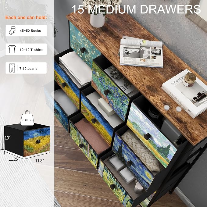 EXOTICA Large Chest of Drawers 15 Drawer Dresser Van Gogh Tall Fabric Dresser - Image 5