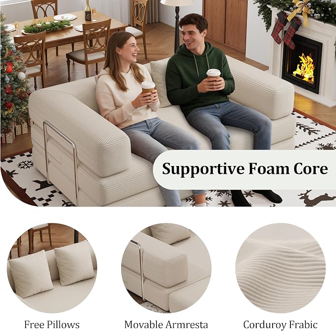 4-in-1 Foldable Sofa Bed Teddy Fabric Foam-Filled Compressed Couch, Beds Queen - Image 4